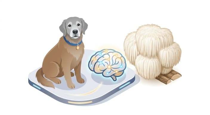 Senior dog with a brain and lion's mane mushroom to suggest cognitive support from mushroom supplements.