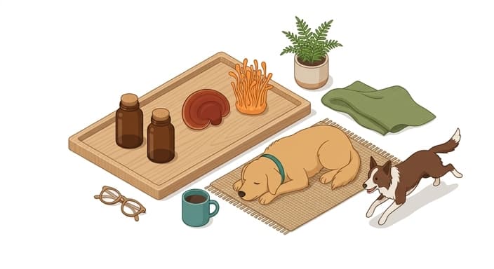 Two mushroom supplement bottles sit beside a relaxed and an active dog, illustrating Reishi for stress/allergies and Cordyceps for athletic endurance.