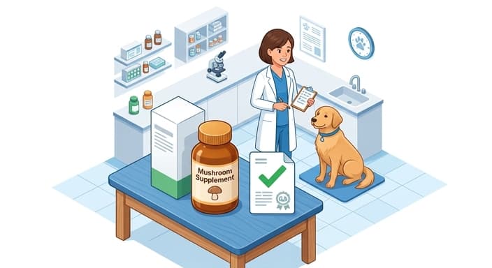 A veterinarian inspects a supplement bottle beside a document with a green checkmark, symbolizing safety testing and quality assurance.