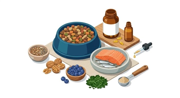 A senior pet's nutrient-dense meal setup highlighting omega-3 sources and antioxidant supplements.