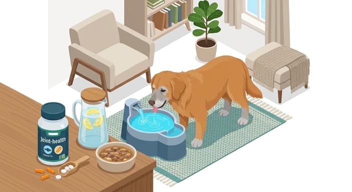 A hydration-focused setup for a senior pet, featuring accessible water sources as part of a longevity plan.