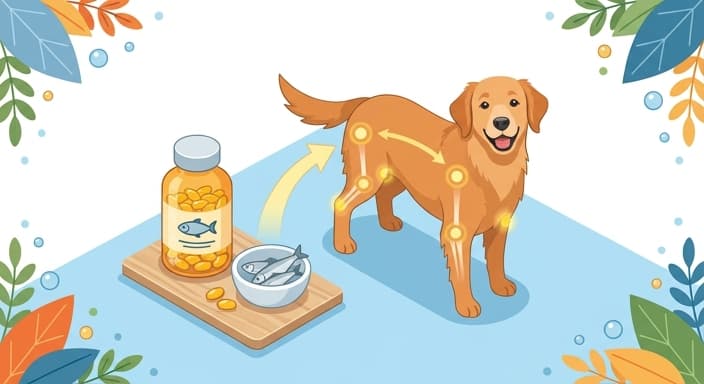 A dog beside omega-3 supplements and fish to illustrate joint-supporting nutrition.