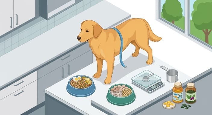 A lean dog with portion-controlled meals and supplements demonstrates a synergistic joint-health nutrition plan.