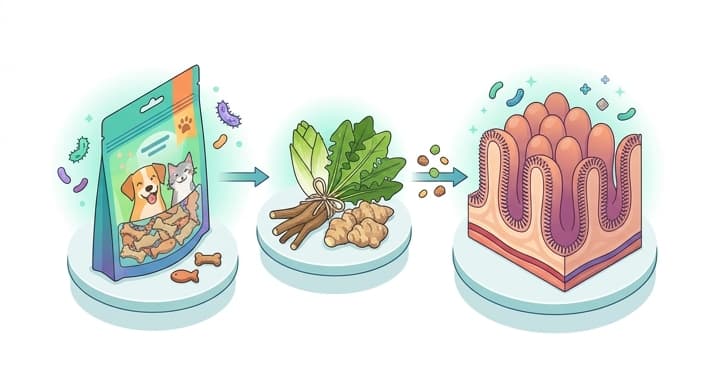 A probiotic treat, prebiotic fiber, and gut lining illustration conveying the three-pronged approach to pet digestion.