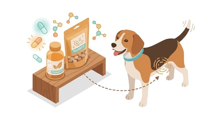 A dog inspects probiotic treat packaging on a display, illustrating shelf-stable, gut-targeted bacteria.