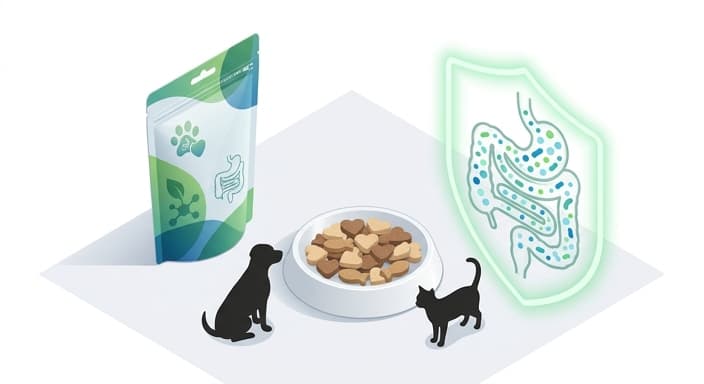 A pet probiotic treat setup with a pouch, a dish of treats, and simple gut-health visuals illustrating gut integrity in pets.