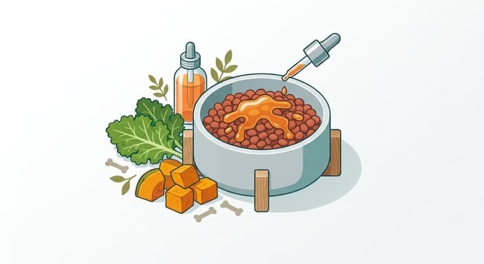 A bowl of kibble topped with kale, pumpkin, and salmon oil to illustrate targeted toppers for systemic health.