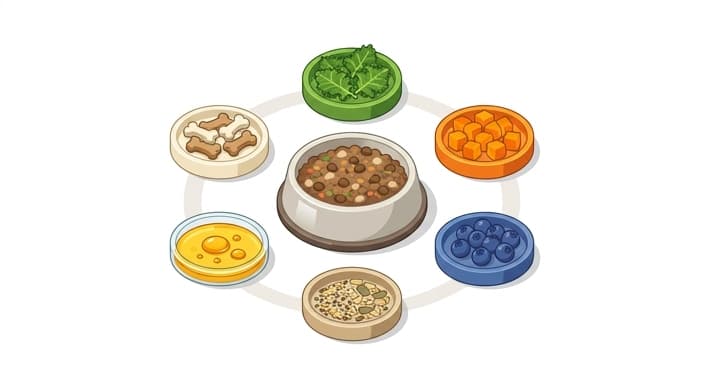 A rotational display of toppers around a base meal to illustrate a nutritional rotation for resilience.