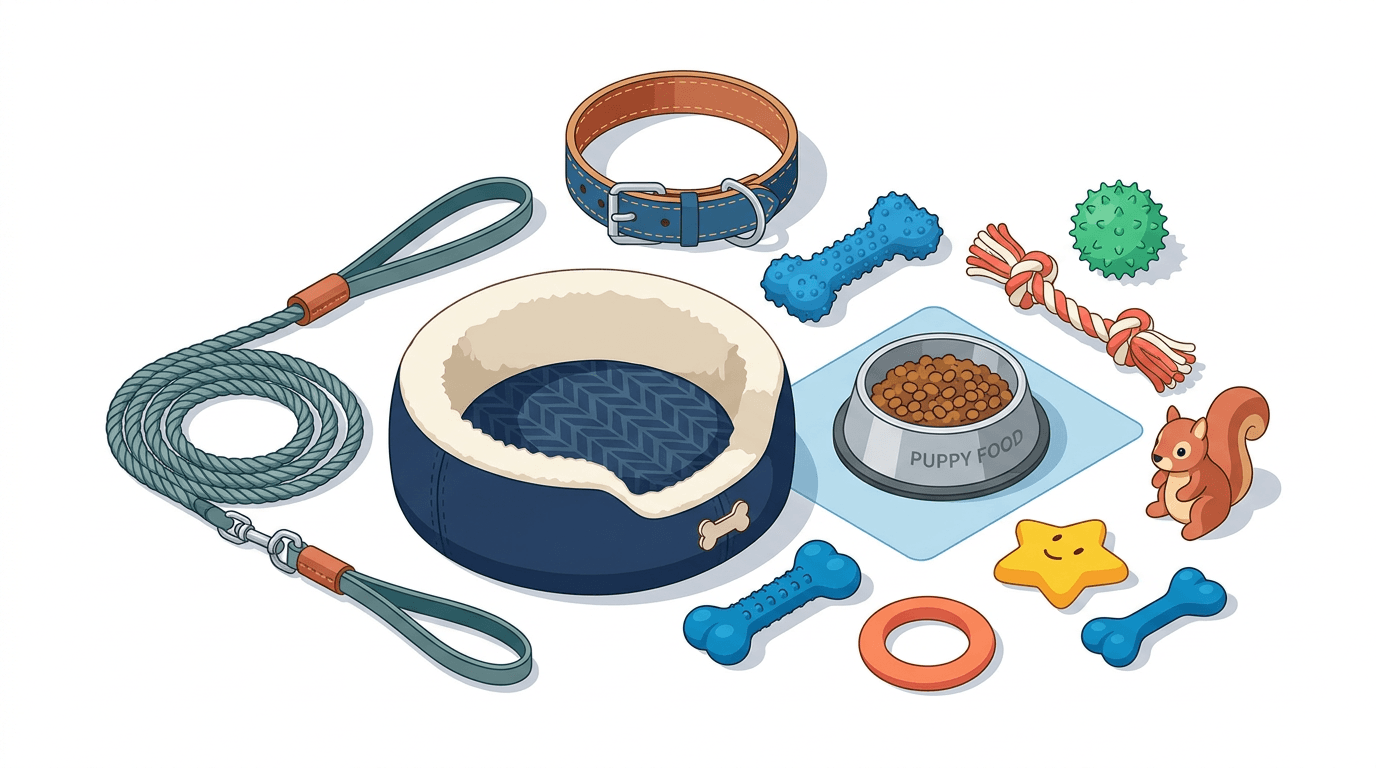 A comprehensive visual guide to the essential supplies needed for a first-time dog owner.