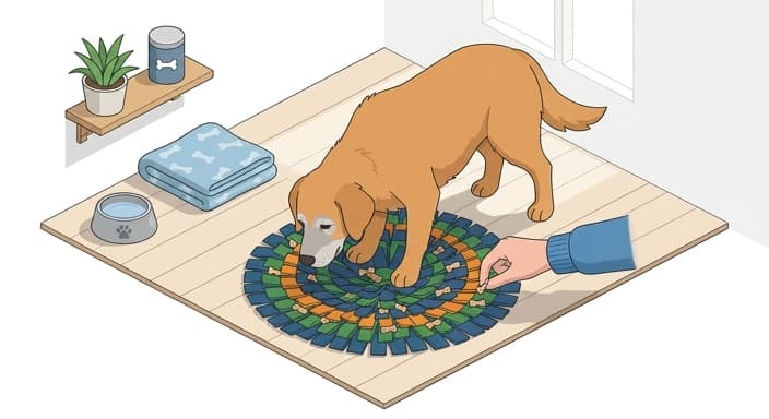 A senior dog gently forages in a snuffle mat, encouraging low-impact movement.