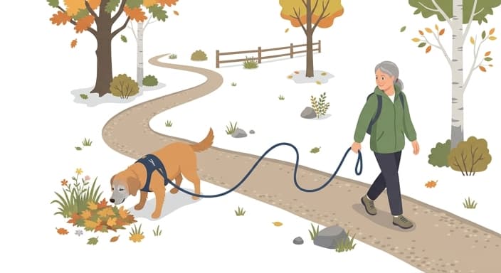 A senior dog enjoys a brief sniffari, stopping to sniff while its owner walks slowly beside.