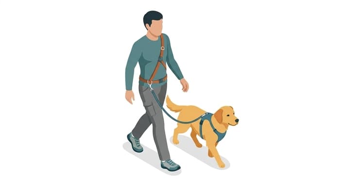 A walker uses a hands-free crossbody leash to keep their dog calm and close, demonstrating relaxed posture and centered control.