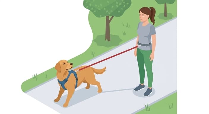 A dog in a front-clip harness is connected to a hands-free lead, illustrating how pulling is redirected and control is maintained through the harness and lead setup.