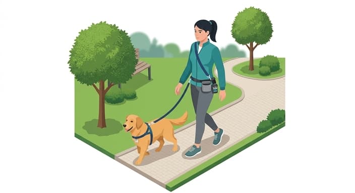 An owner uses a hands-free crossbody leash with a treat pouch and calming spray within reach as they walk their dog.