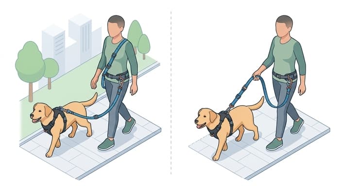 A split-view illustration demonstrates switching from crossbody to handheld mode for a versatile, modular leash system.
