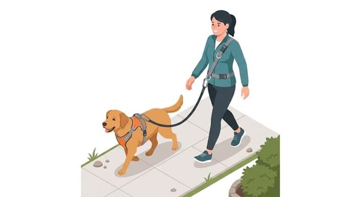 A handler wears a hands-free crossbody leash, keeping the dog close and calm during a walk.