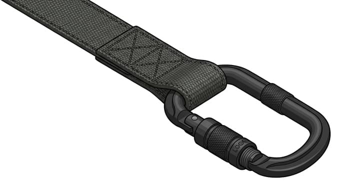 Close-up of a locking carabiner and durable leash material used in a hands-free system.