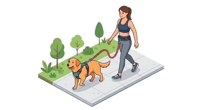A person walks a dog with a hands-free waist leash, demonstrating calm, tension-free loose-leash walking.