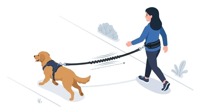 A hands-free leash featuring a bungee shock absorber attached to a rear-clip harness, illustrating reduced impact from sudden pulls during training.