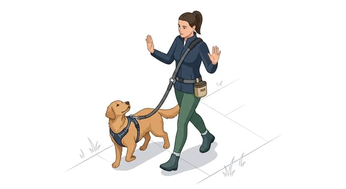 Hands-free setup enabling cues and signals, with the dog walking beside a wearer and a treat pouch visible.