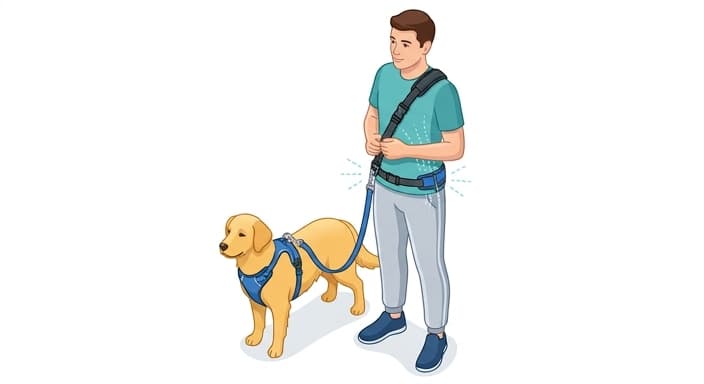 Person wearing a hands-free crossbody leash with the dog, illustrating torso-centered weight distribution during pulling.