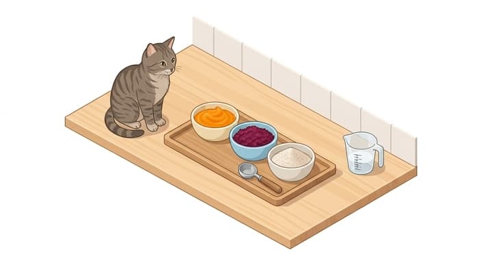 A cat inspects a trio of high-fiber food options on a counter, illustrating safe fiber sources for feline digestion.
