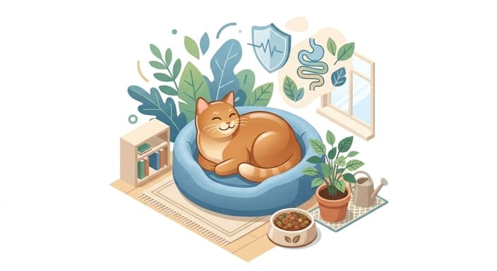 A healthy, well-groomed cat beside fiber-rich food, symbolizing the long-term benefits of dietary fiber for digestion and overall health.