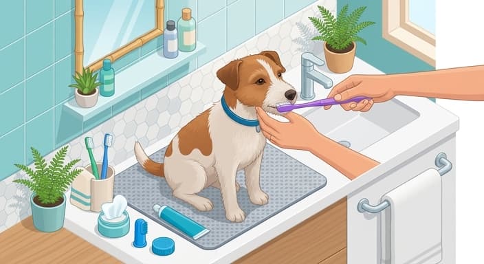A pet owner uses a specialized toothbrush to gently brush a dog's teeth, illustrating daily home care.