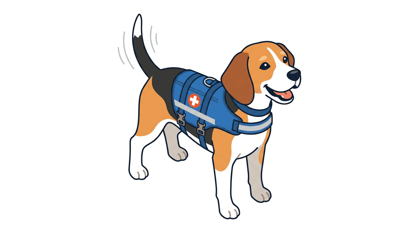 A rescued Beagle enjoying a walk with a volunteer.