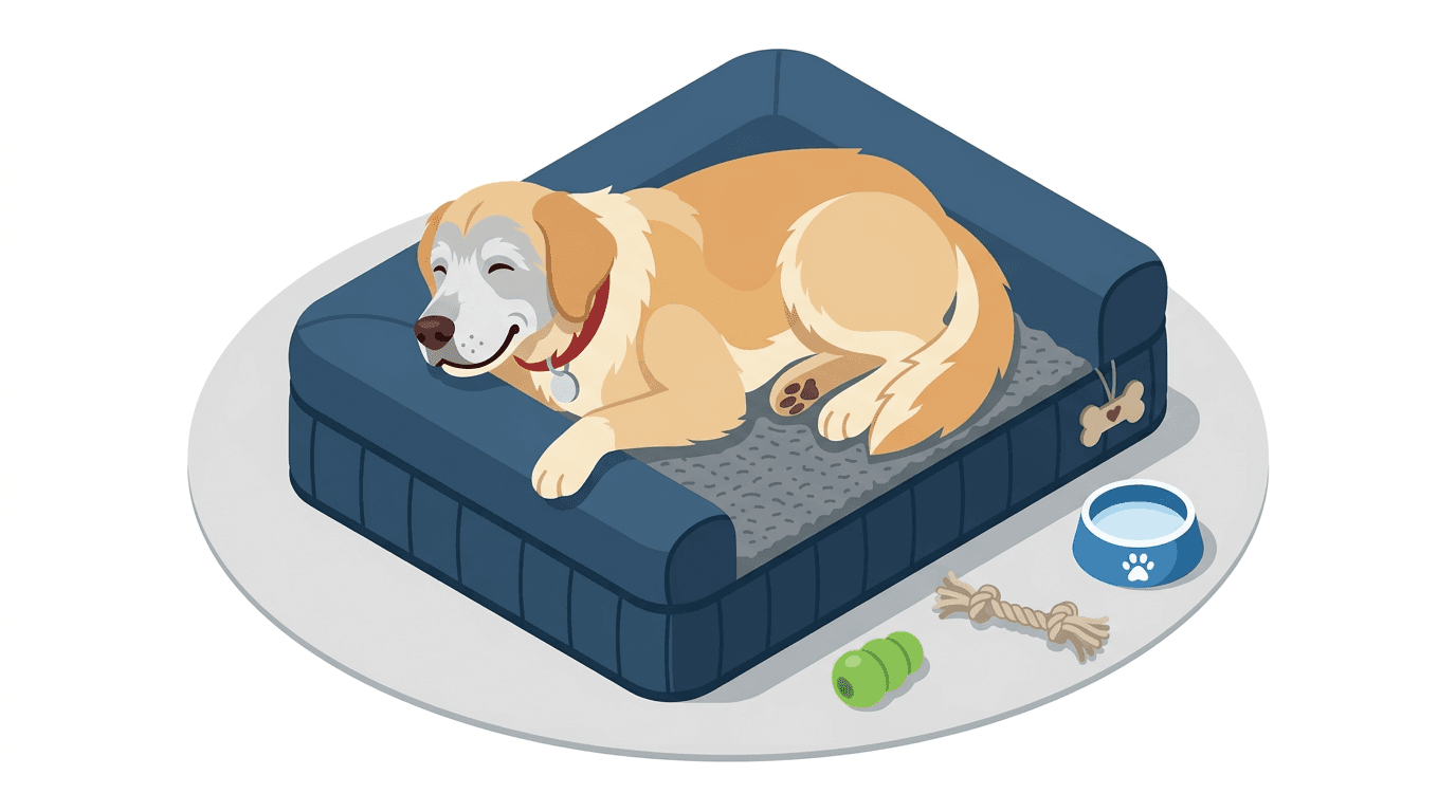 A senior dog resting on a supportive orthopedic bed.