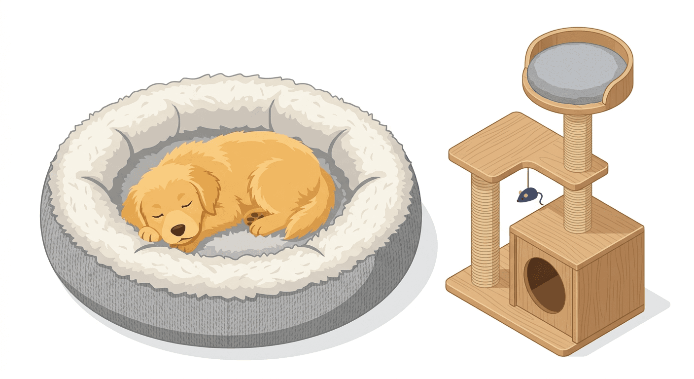 A cozy dog crate and cat tree setup