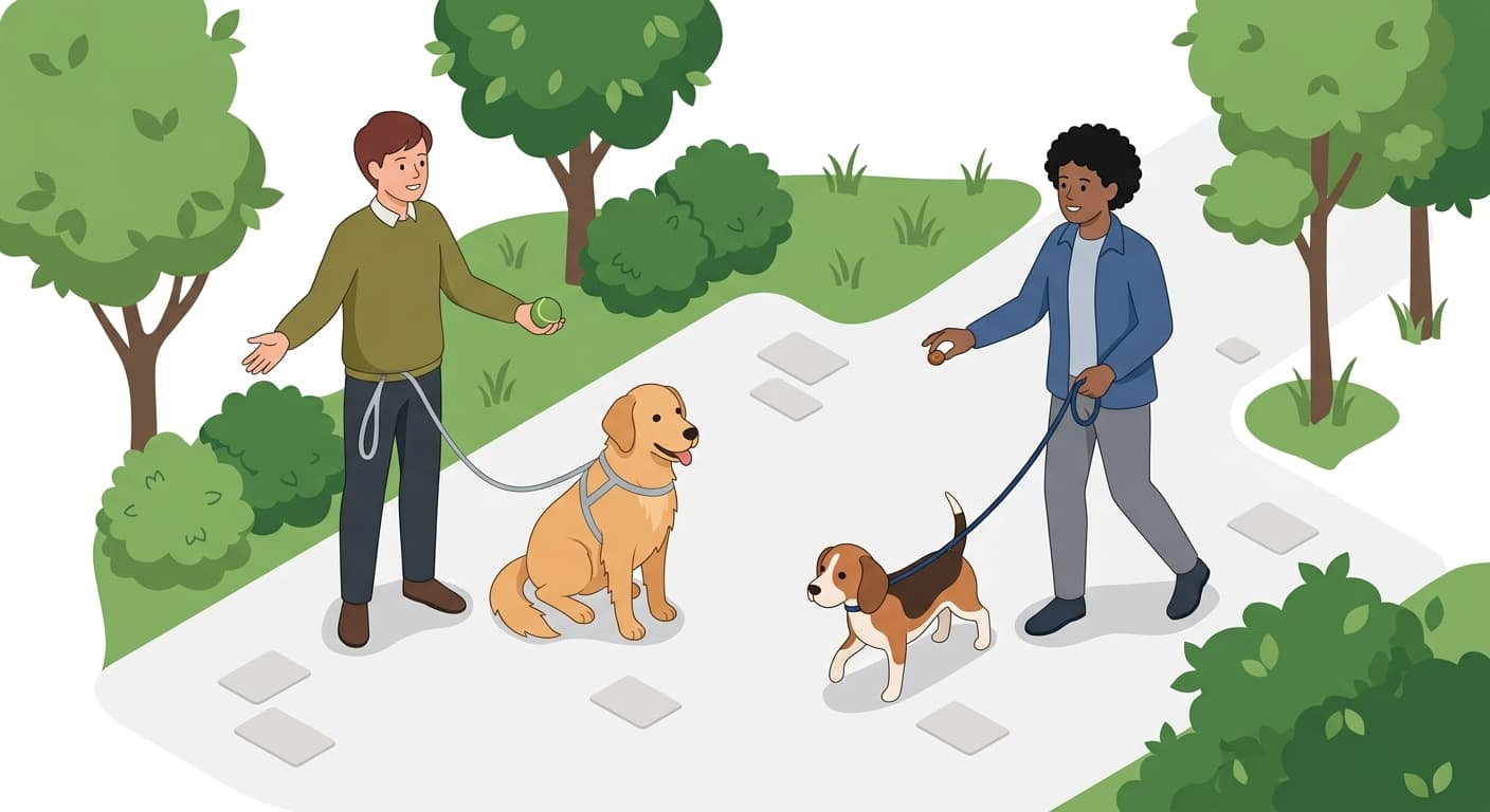 Two dogs on leashes practice a controlled, positive introduction to build confidence.