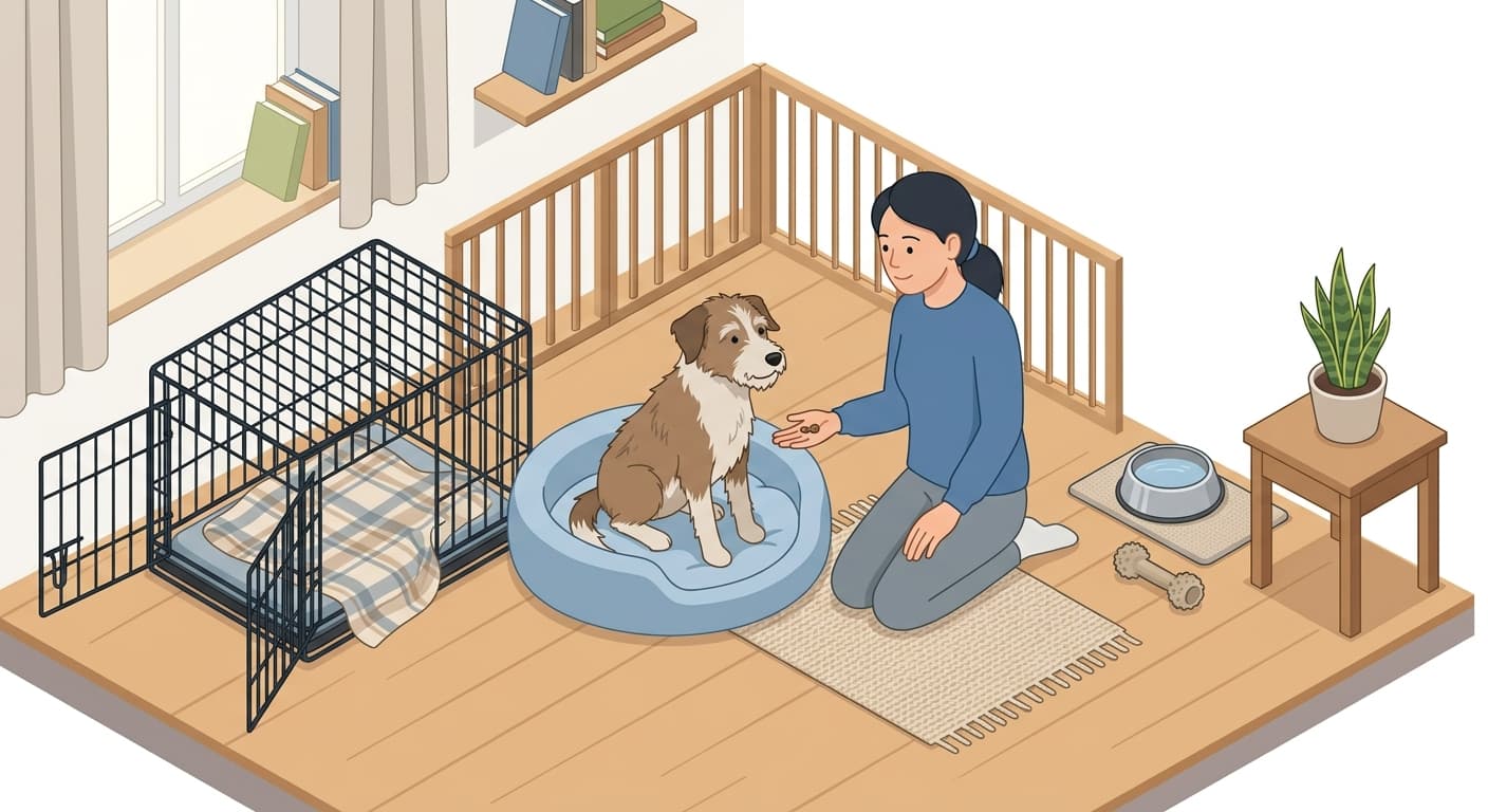 A rescue dog calmly accepts a treat from a caring adopter in a safe, predictable space.