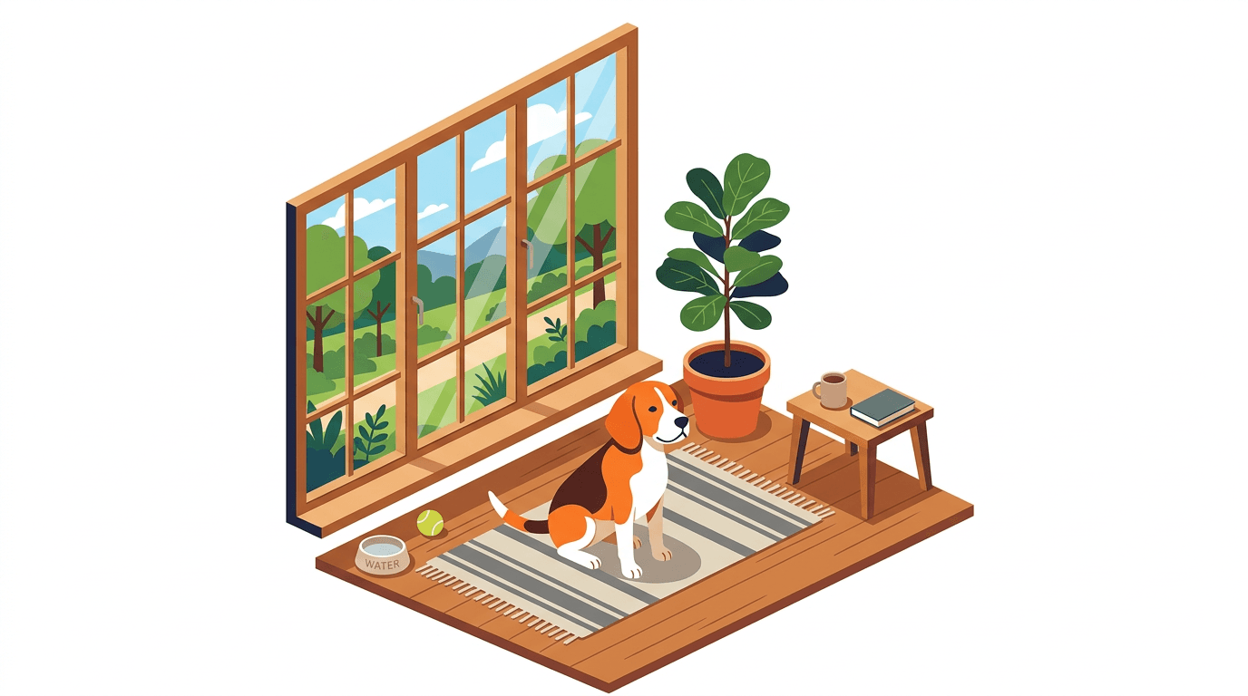 A Beagle demonstrating calm behavior near a window trigger.