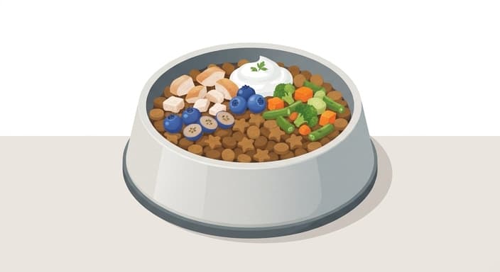 A dog's bowl topped with vegetables, blueberries, yogurt, and lean chicken to support gut health.