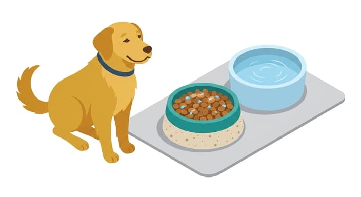 A dog approaching a bowl with moisture-rich toppers and a separate water bowl to illustrate hydration-friendly hybrid feeding.
