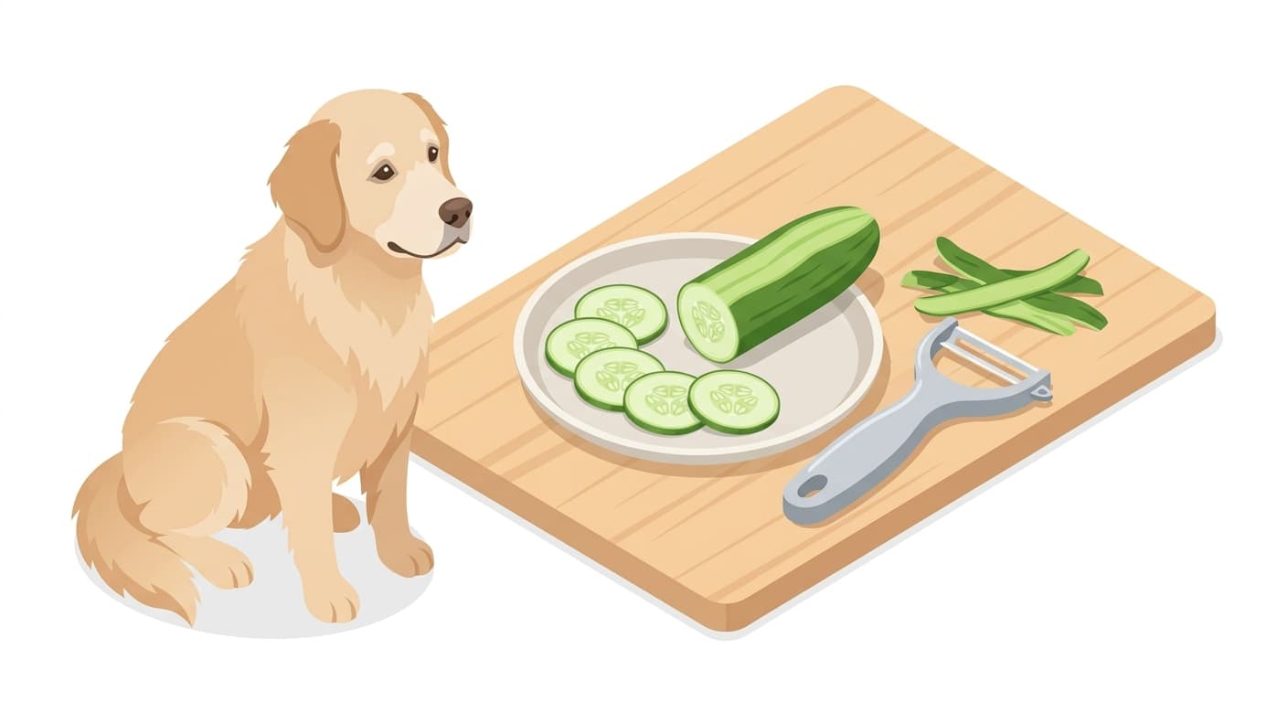 Senior dog beside a plate of peeled cucumber slices, a hydrating low-calorie snack for hot days.