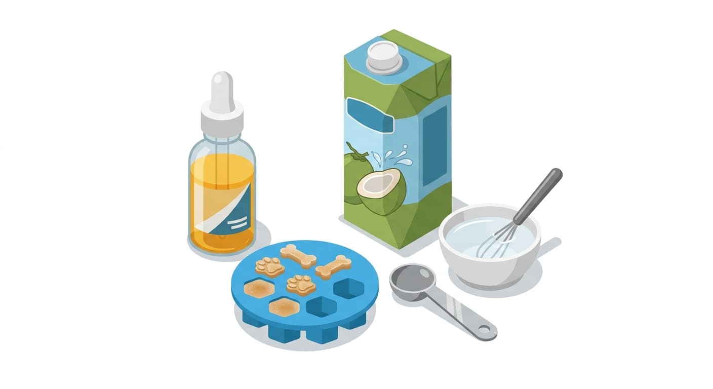 A fish oil–enriched frozen dog treat scene with coconut water, fish oil, and the mold ready to freeze.