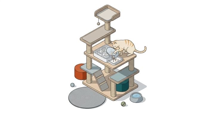 A cat works a kibble puzzle on an elevated cat tree, turning feeding into a workout.