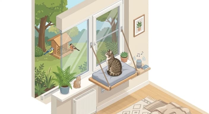 A cat by a secure window watches birds at an outside feeder, illustrating visual and auditory enrichment.