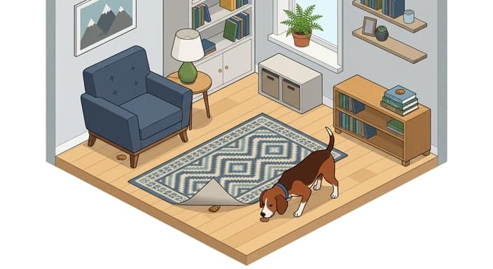 A dog uses scent to hunt hidden treats around a living room during an indoor Find It game.