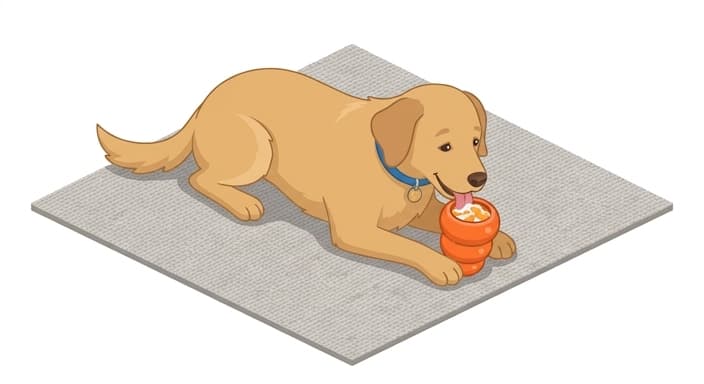 A dog calmly licks a frozen enrichment toy, turning a snack into a twenty-minute focused activity before peak energy times.