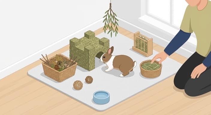 A rabbit explores wicker baskets and hay structures under supervision as part of safe indoor enrichment.