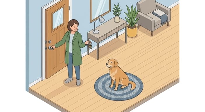 A caregiver begins a calm departure routine at the door as the senior dog remains in its familiar spot, highlighting predictable transitions.