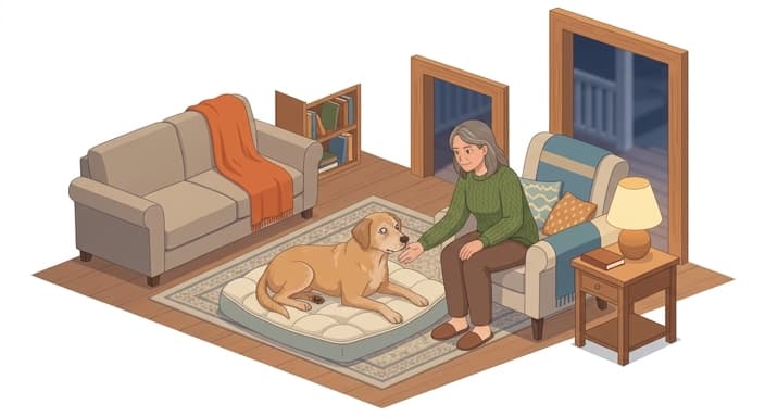 An elderly dog finds comfort in its caregiver's steady presence in a familiar living room, illustrating the anchor effect during sensory decline.