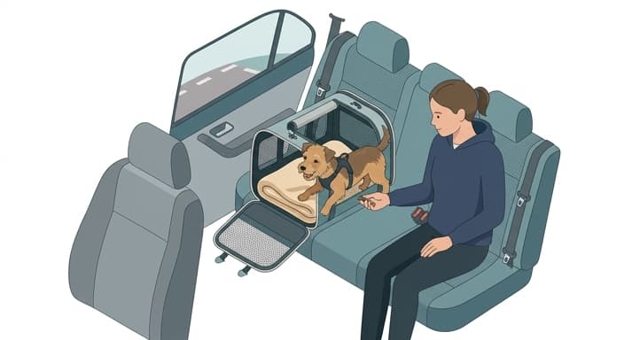 A dog explores an open travel carrier in a car during desensitization training, aided by a calm owner offering treats.