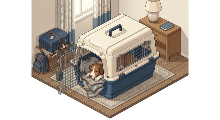 A dog rests inside a secure travel crate with a familiar, scent-bearing dirty t-shirt to create a den-like safe space on the go.