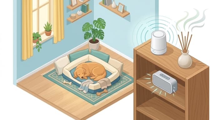 Calm pet in a quiet room with a white-noise machine and diffuser illustrating auditory and olfactory enrichment.