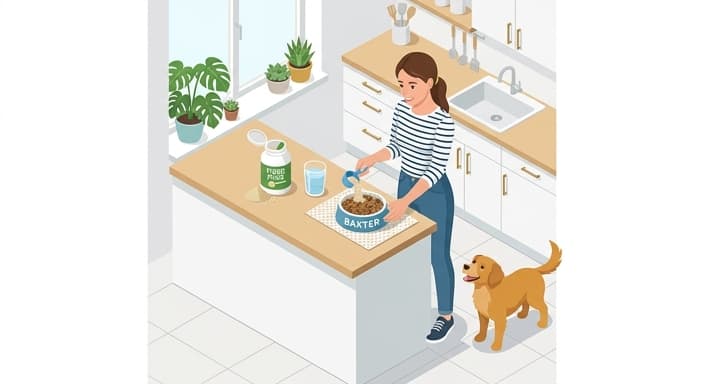 Owner measures a fiber supplement and adds it to their dog's food, with hydration emphasized.