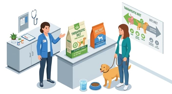 Vet and owner compare a fiber-enriched therapeutic diet with a standard diet, highlighting hydration.